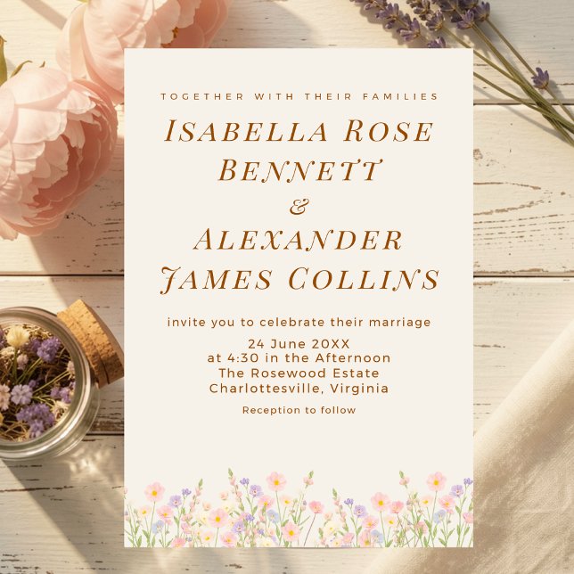 Convites Watercolor Wildflower Meadow Pastel Botanical  (A sun-kissed meadow of soft pastel wildflowers anchors the bottom of this dreamy invitation.)