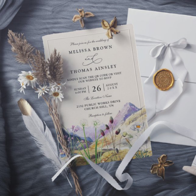 Convites Watercolor Wildflower Mountain QR Code Wedding (Criador carregado)