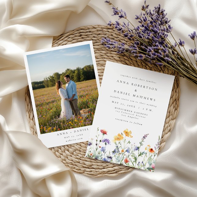 Convites Watercolor Wildflower Photo Wedding Invitation (Criador carregado)