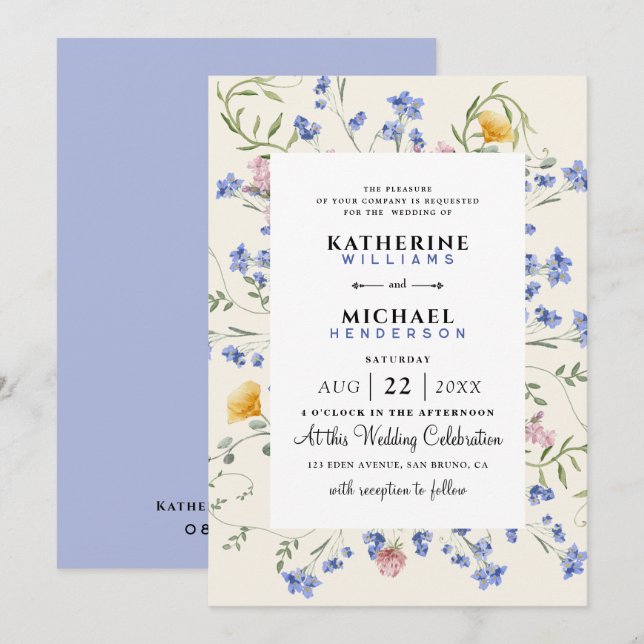Convites Watercolor Wildflower QR Code Detalhes RSVP Casame (Frente/Verso)
