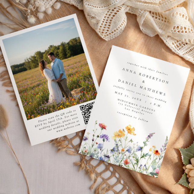 Convites Watercolor Wildflower QR Code Photo Wedding (Criador carregado)