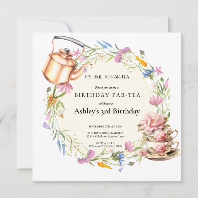 Convites Watercolor Wildflower | Tea Party (Frente)