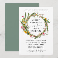 Watercolor Wildflower Wreath Wedding Sage Green