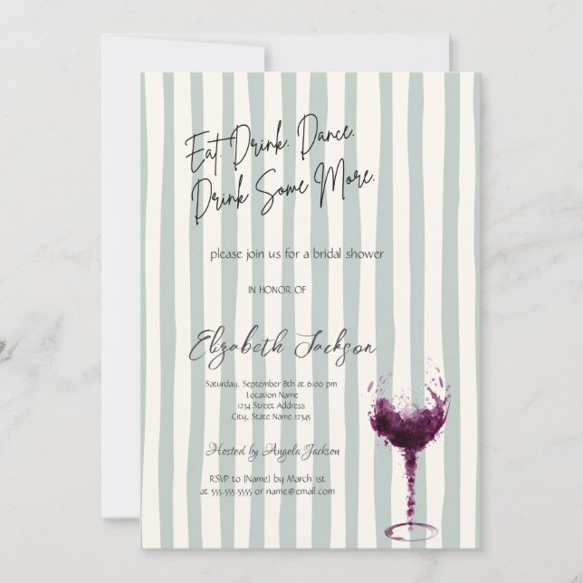 Convites Watercolor Wine Glass Green Striped Bridal Shower (Frente)