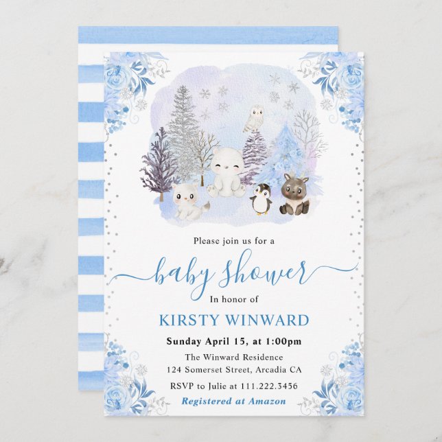 Convites Watercolor Winter Arctic Animals Baby Shower (Frente/Verso)