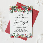 Convites Watercolor Winter Blooms Floral Bar Mitzvah<br><div class="desc">Convide familiares e amigos com este Bar personalizável, Mitzvah, convite. Apresenta terras aquosas de rosas vermelhas, amoras-vivas e flores de poinsettia com pinos e acentos verdes. Personalize adicionando nomes, data, hora, local e outros detalhes do evento. Este convite floral de inverno é perfeito para o Bar de inverno Mitzvahs. Itens...</div>
