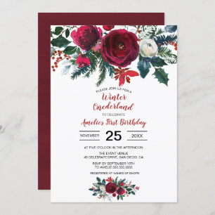 Convites Watercolor Winter Burgundy Flowers Primeiro Aniver
