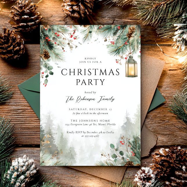 Convites Watercolor Winter Christmas Party Greenery  (Criador carregado)