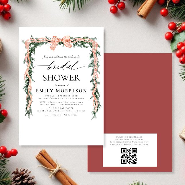 Convites Watercolor Winter Red Bow QR Code Bridal Shower (Criador carregado)