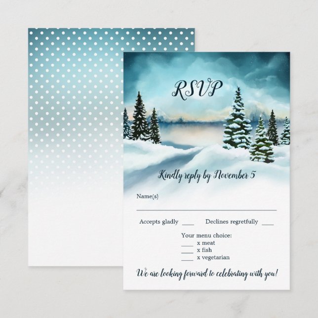 Convites Watercolor Winter Wonderland Weding Menu RSVP (Frente/Verso)