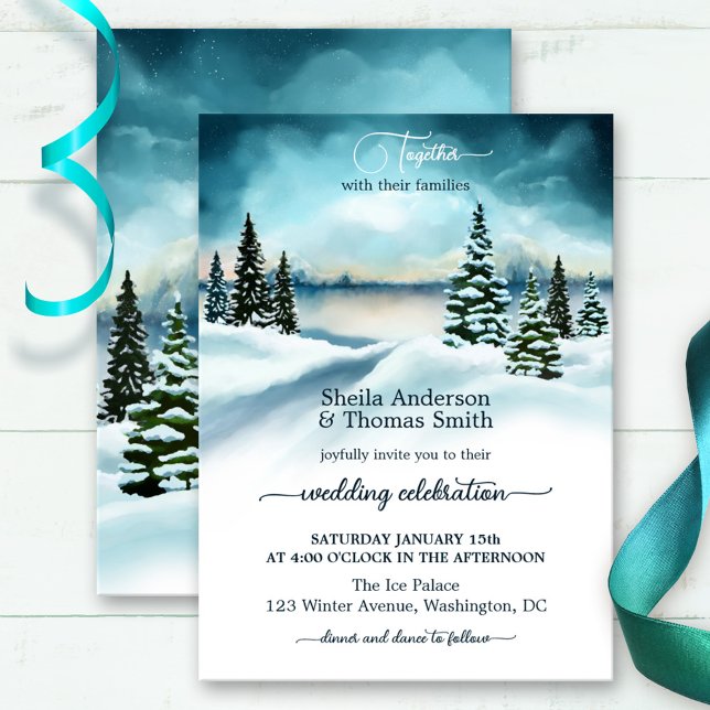 Convites Watercolor Winter Wonderland Weditation (Winter wedding invitation featuring a watercolor painting in a snow covered landscape with pine tree)