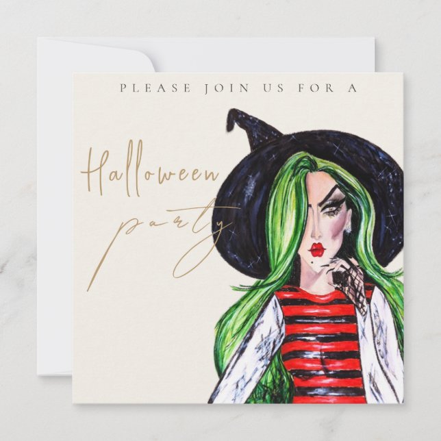 Convites Watercolor Witch Adult Halloween Party Invitation (Frente)