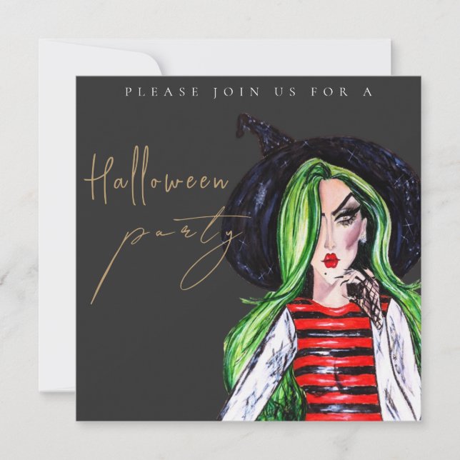 Convites Watercolor Witch Adult Halloween Party Invitation (Frente)