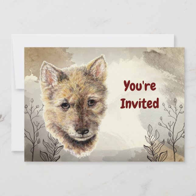 Convites Watercolor Wolf Pup Animal Custom Birday (Frente)