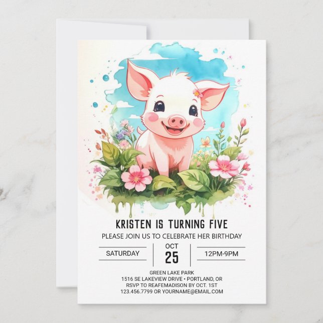 Convites Watercolor Wonderland Piglet's Girl Birthday (Frente)