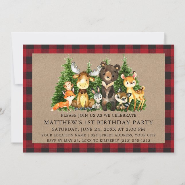 Convites Watercolor Woodland Animal First Birday Rustic (Frente)