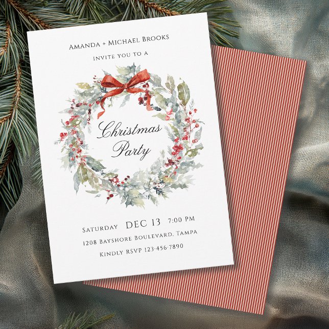 Convites Watercolor Wreath Red Bow Christmas Party (Available in both printed and instant download digital formats.)