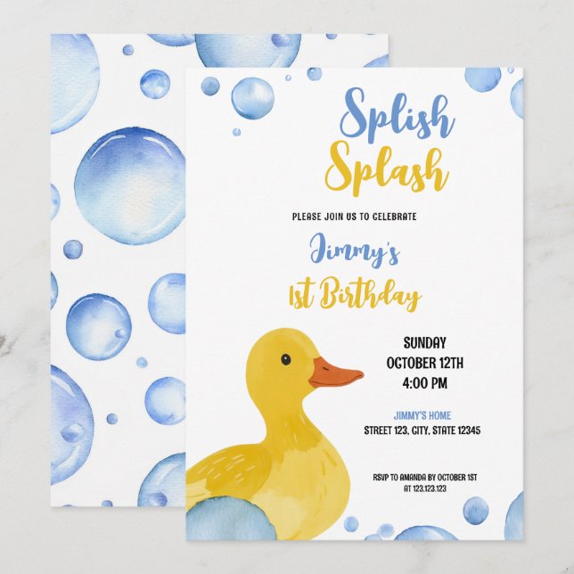 Convites Watercolor Yellow Duck Baby Boy Birday (Frente/Verso)