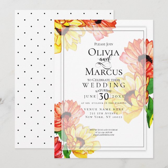 Convites Watercolor Yellow e Red Gerbera Daisies (Frente/Verso)