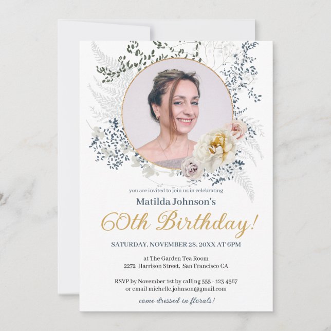 Convites Watercolor Yellow Floral Chic Photo 60th Birthday (Frente)