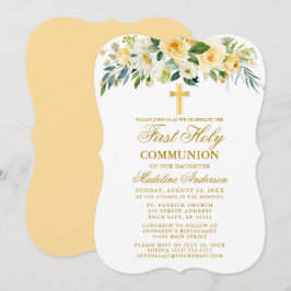 Convites Watercolor Yellow Floral First Communance Dourado