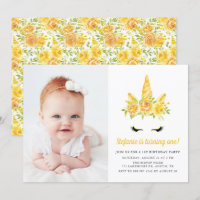 Watercolor Yellow Unicorn Floral Primeiro Aniversá