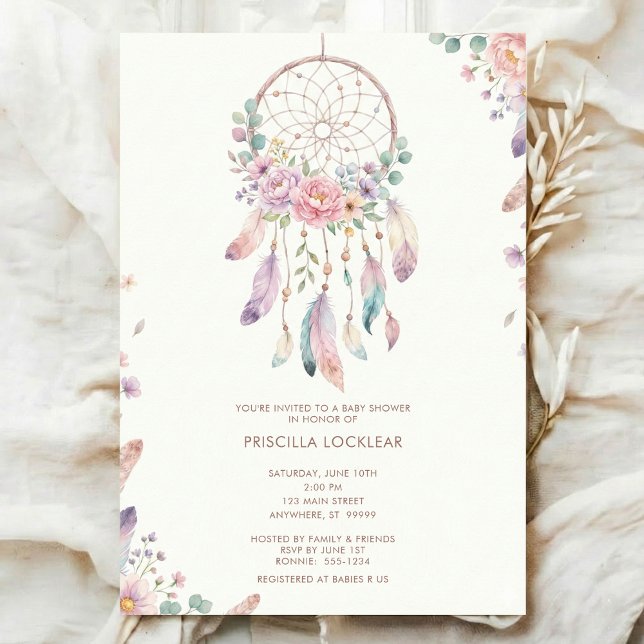 Convites watercolour Boho flower Dreamcatcher Baby Shower (Criador carregado)