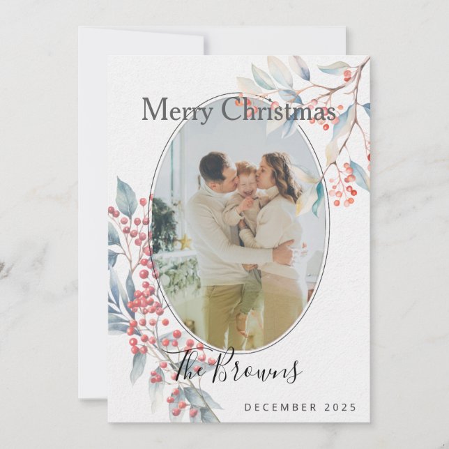 Convites Watercolour Winter Berries Photo Christmas Card (Frente)