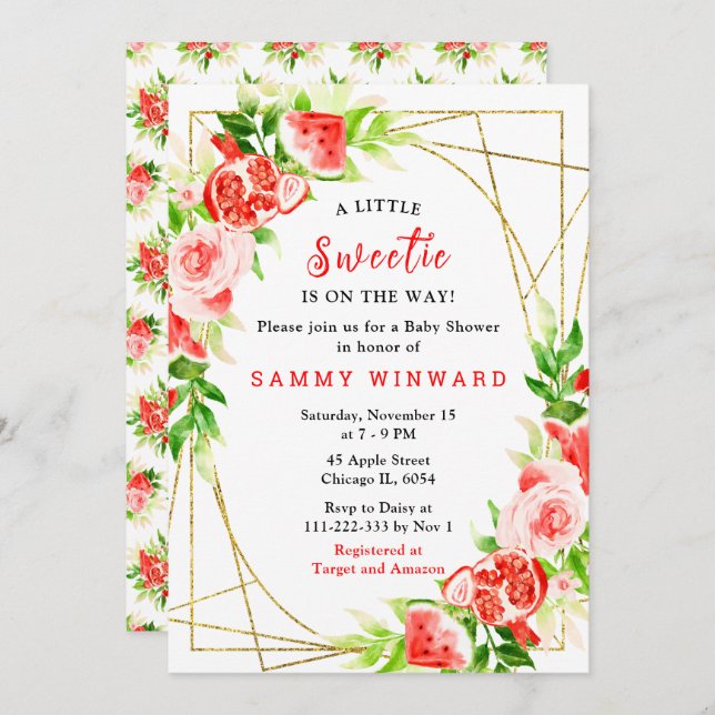 Convites Watermelon and Pomegranate Baby Shower (Frente/Verso)