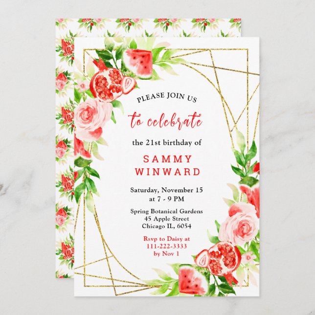 Convites Watermelon and Pomegranate Birthday (Frente/Verso)