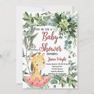 Convites Watermelon Baby Giraffe Watercolor Chá de fraldas