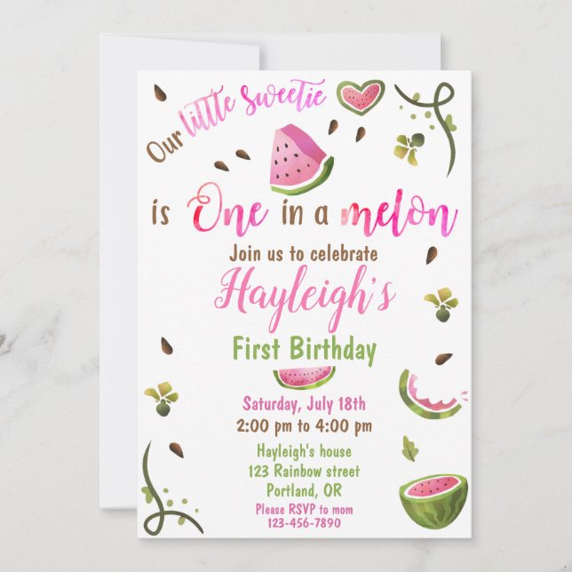 Convites Watermelon birthday invitation One in a melon girl (Frente)