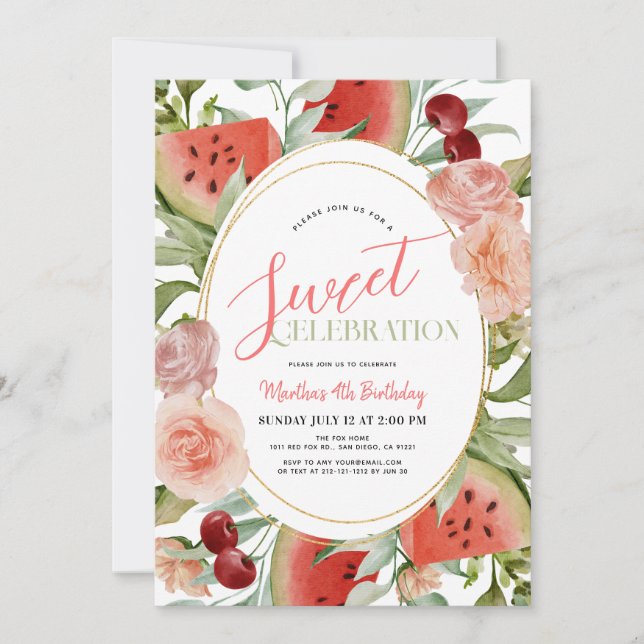 Convites Watermelon Floral Sweet Celebration Girl Aniversár (Frente)