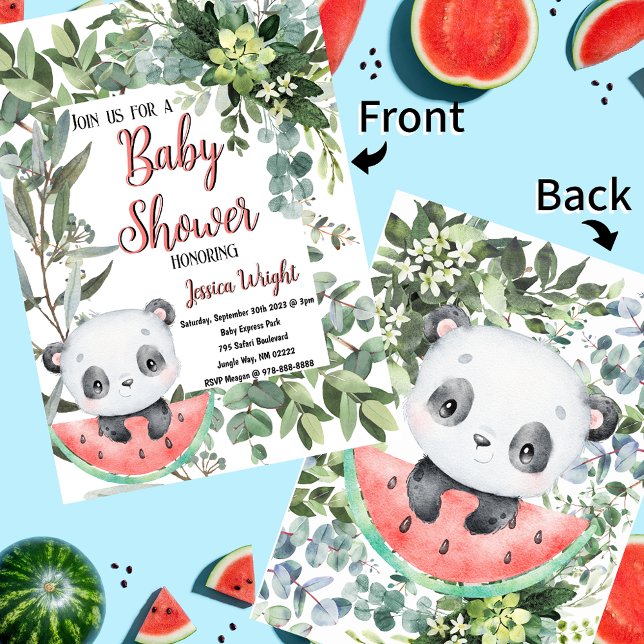 Convites Watermelon Panda Watercolor Chá de fraldas (Watermelon Panda Evergreen Jungle Baby Shower Invitations)