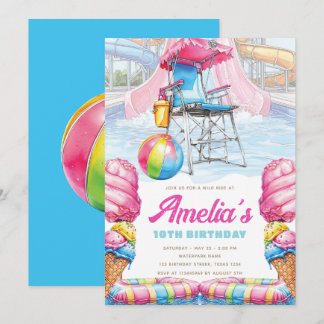 Convites Waterpark Birthday Lifeguard Chair & Pool Fun