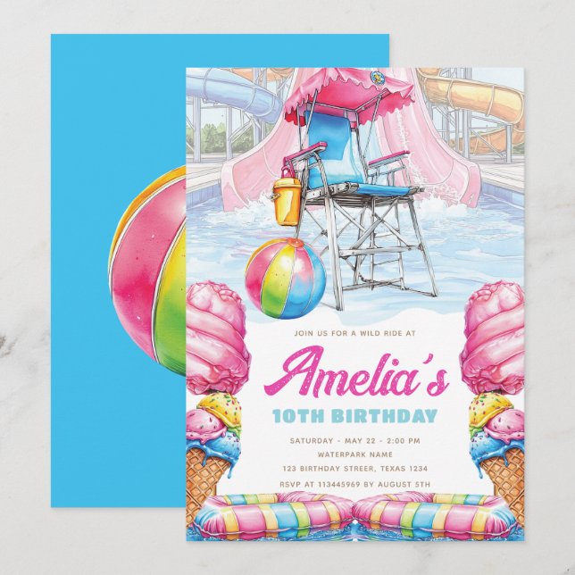 Convites Waterpark Birthday Lifeguard Chair & Pool Fun (Frente/Verso)