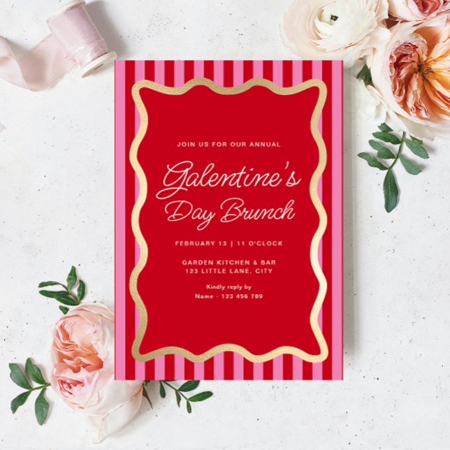 Convites Wave Red Pink Stripe Galentine Day Brunch (Galentines Brunch Invitation Hot Pink Stripe)