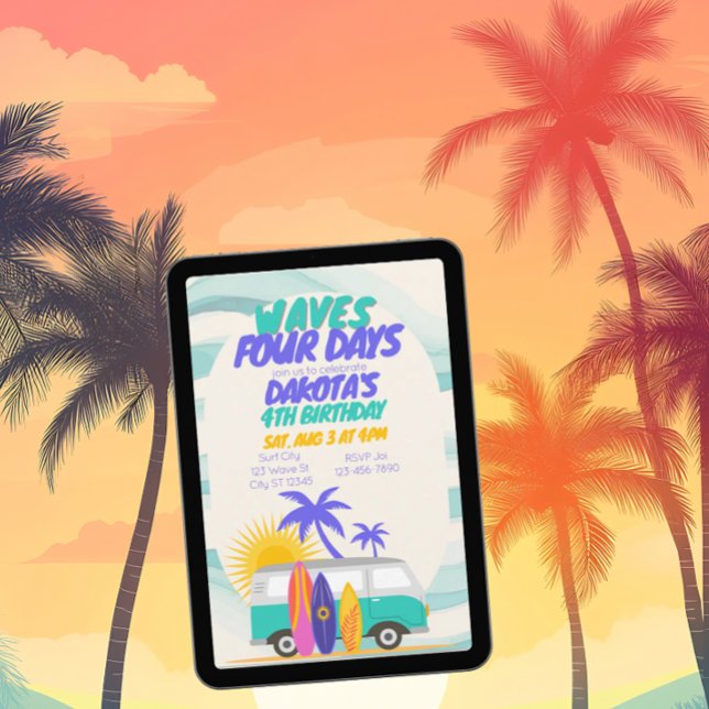 Convites Waves Four Days Surf Van 4th Birthday (Criador carregado)