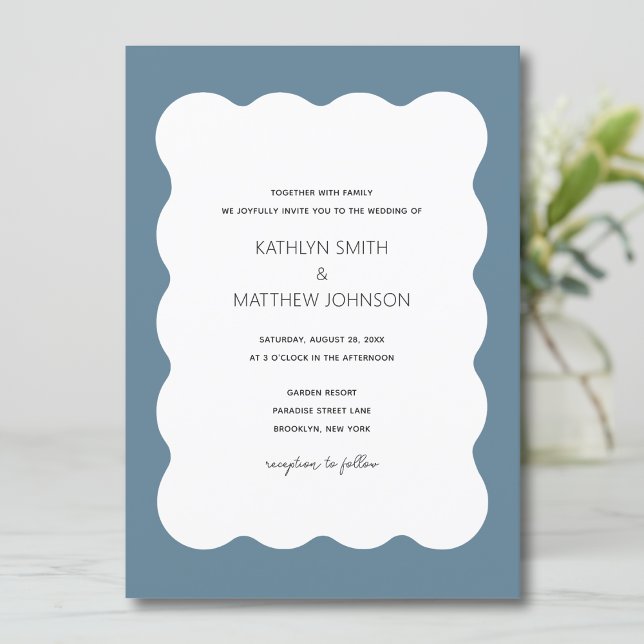 Convites Wavy Border Modern Retro Dusty Blue Weding (Criador carregado)