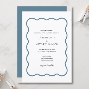 Convites Wavy Border Modern Retro Dusty Blue Weding
