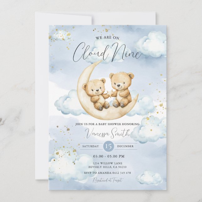Convites We Are On Cloud Nine Blue Bear Baby Shower  (Frente)