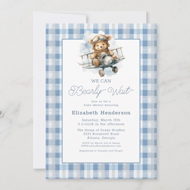 Convites We Can Bearly Wait Airplane Baby Shower  (Frente)