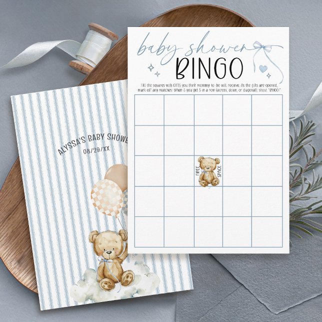 Convites We Can Bearly Wait Baby Shower Bingo Game Card (We can bearly wait watercolor teddy bear blue stripes checkerboard balloons baby shower bingo game)