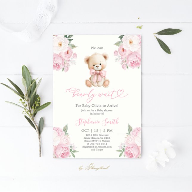 Convites We can Bearly wait Baby Shower Girl Invitation (Criador carregado)