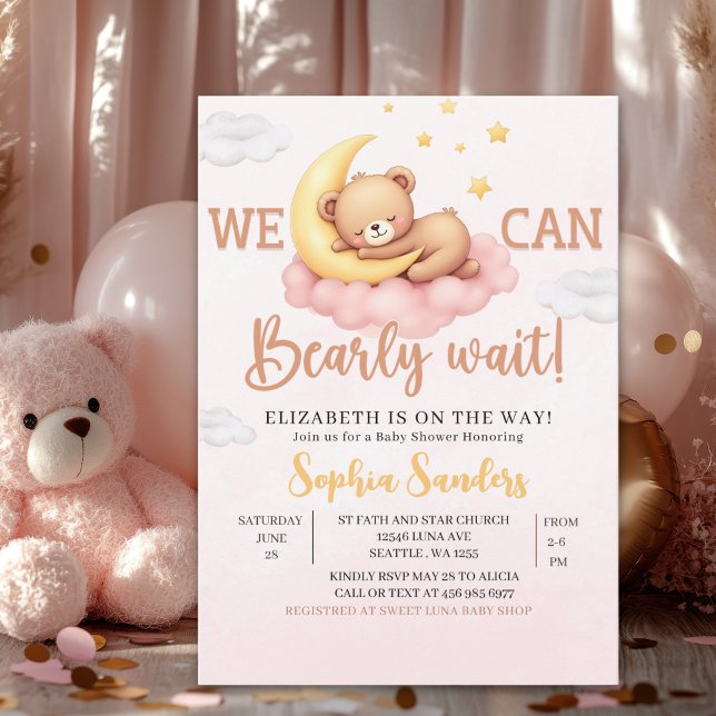 Convites We Can Bearly Wait Baby Shower Pink Bear (Criador carregado)