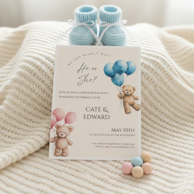 Convites We Can Bearly Wait Bear Balloons Gender Reveal (Gender reveal invitation with teddy bears and balloons on soft beige blanket with blue booties)