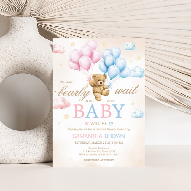 Convites We Can Bearly Wait Bear Gender Reveal  (Bear Balloon He or She Gender Reveal Invitation)