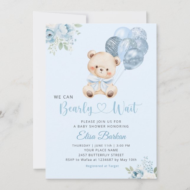 Convites We Can Bearly Wait Blue Balloon Boy Baby Shower  (Frente)