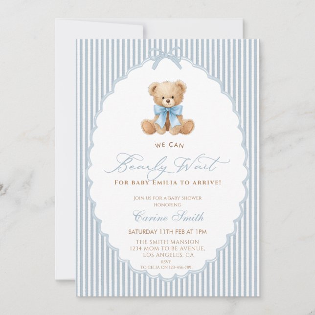 Convites We Can Bearly Wait blue bow Boy Baby Shower (Frente)