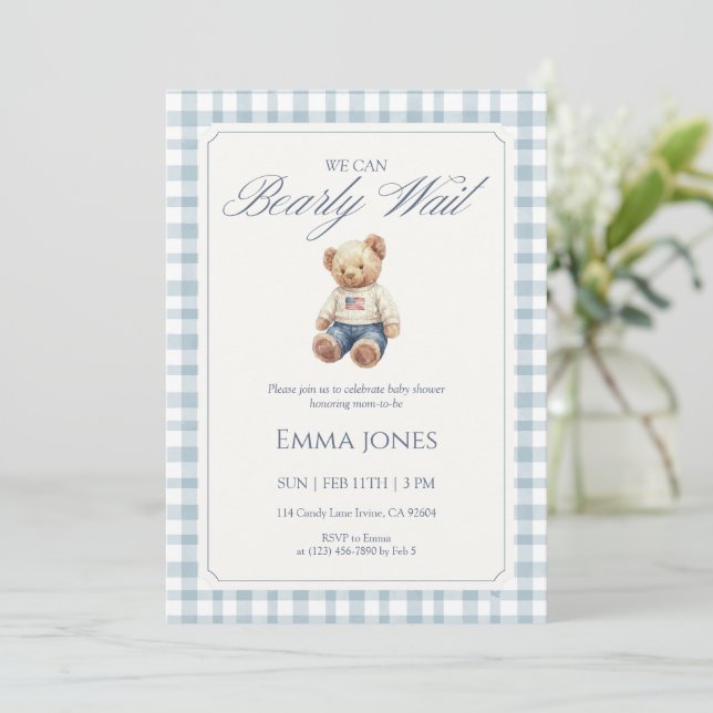 Convites We Can Bearly Wait Blue Gingham pattern shower (Em pé/Frente)